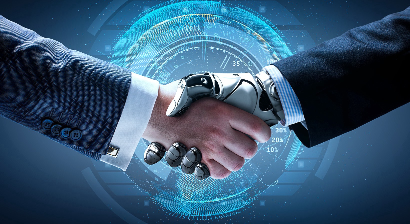Handshake picture of a Human to AI machine.