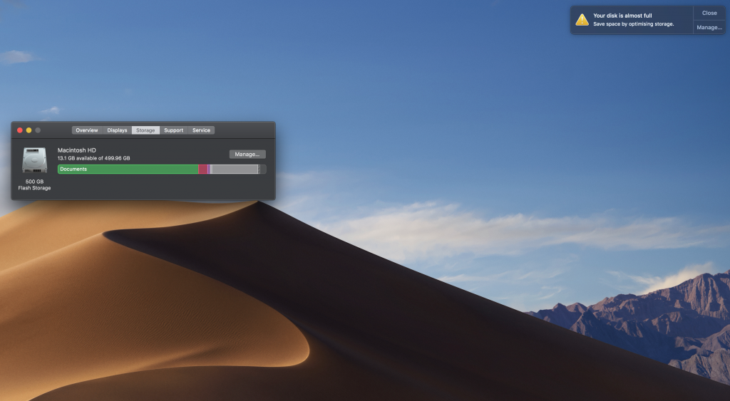 Your disk is almost full notification during the experiment.